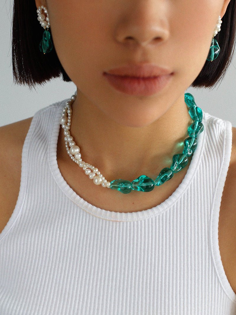Green Baroque Glass & Pearl Woven Earrings - floysun