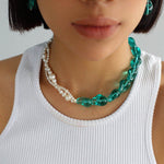 Green Baroque Glass & Pearl Woven Earrings - floysun