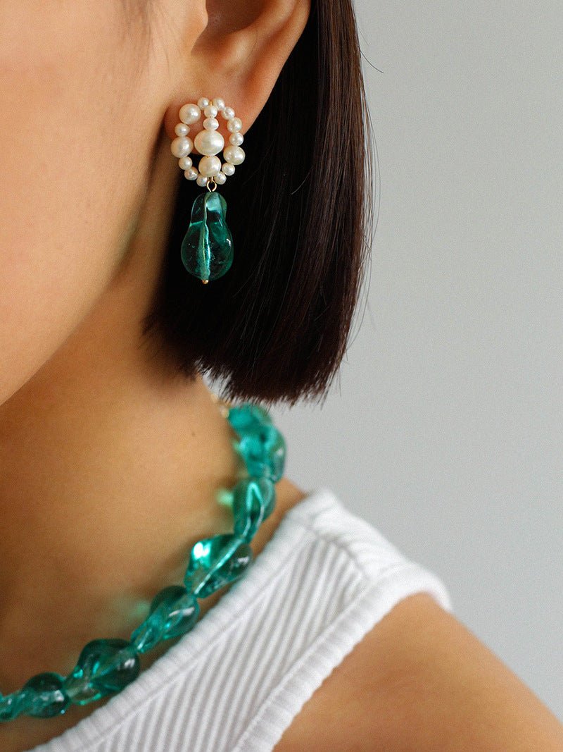 Green Baroque Glass & Pearl Woven Earrings - floysun
