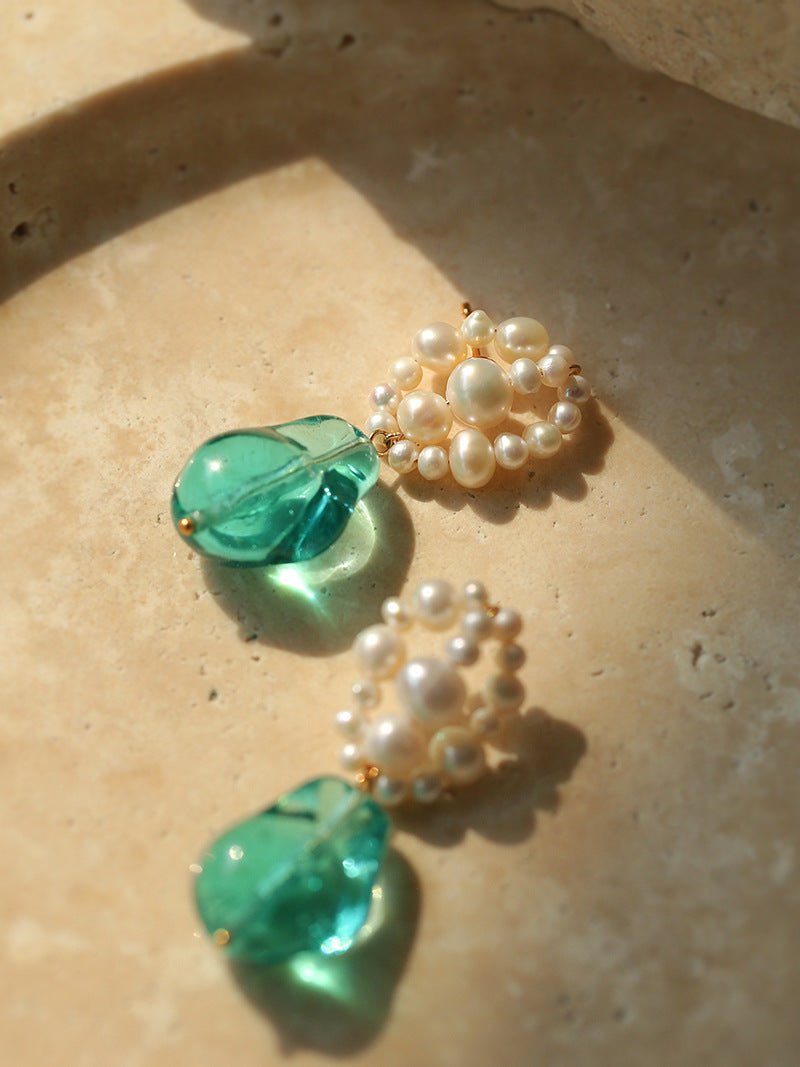 Green Baroque Glass & Pearl Woven Earrings - floysun