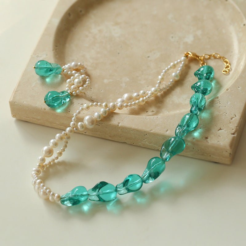 Green Baroque Glass & Pearl Woven Earrings - floysun