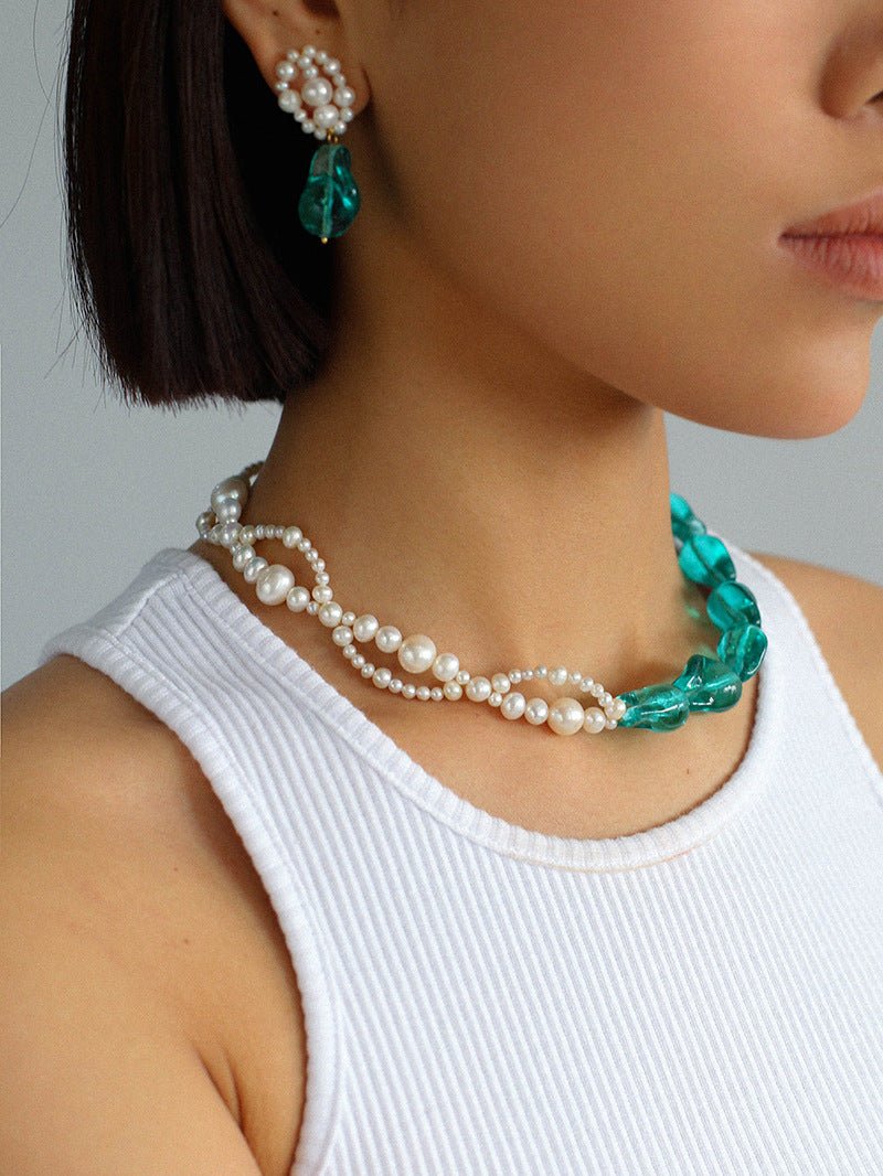 Green Baroque Glass & Pearl Woven Earrings - floysun