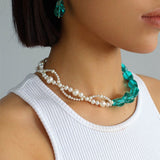 Green Baroque Glass & Pearl Woven Earrings - floysun