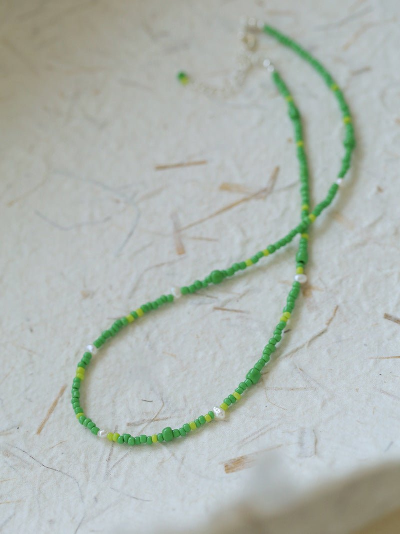 Green Ceramic Rice Bead and Pearl Bead Necklace - floysun