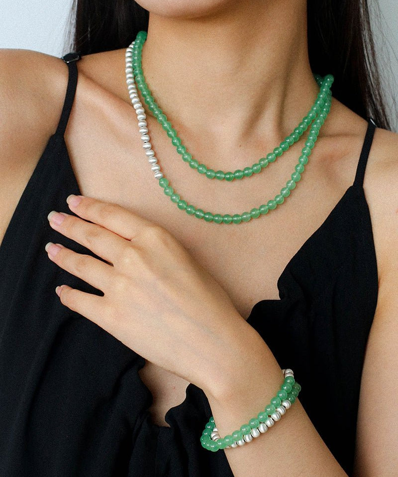 Green Eastern Jade & Silver Bead Necklace - floysun