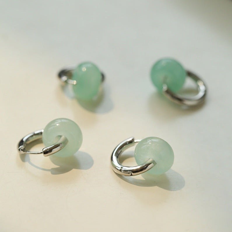 Green Jade Sterling Silver Hoop Earrings - floysun