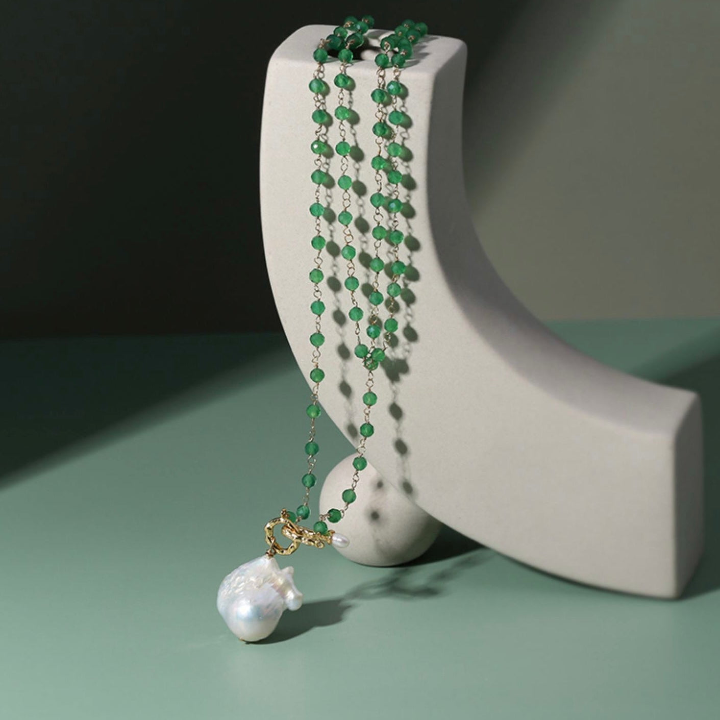 Green Onyx Baroque Pearl Necklace Multilayer Long Sweater Chain - floysun