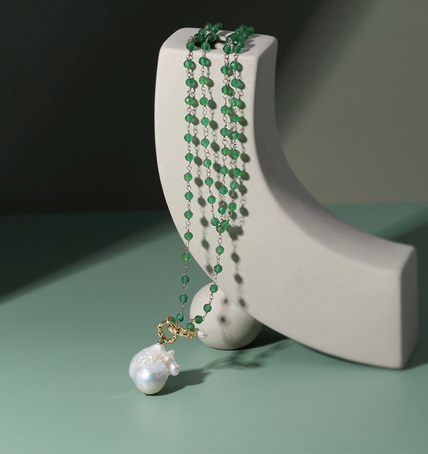 Green Onyx Baroque Pearl Necklace Multilayer Long Sweater Chain - floysun