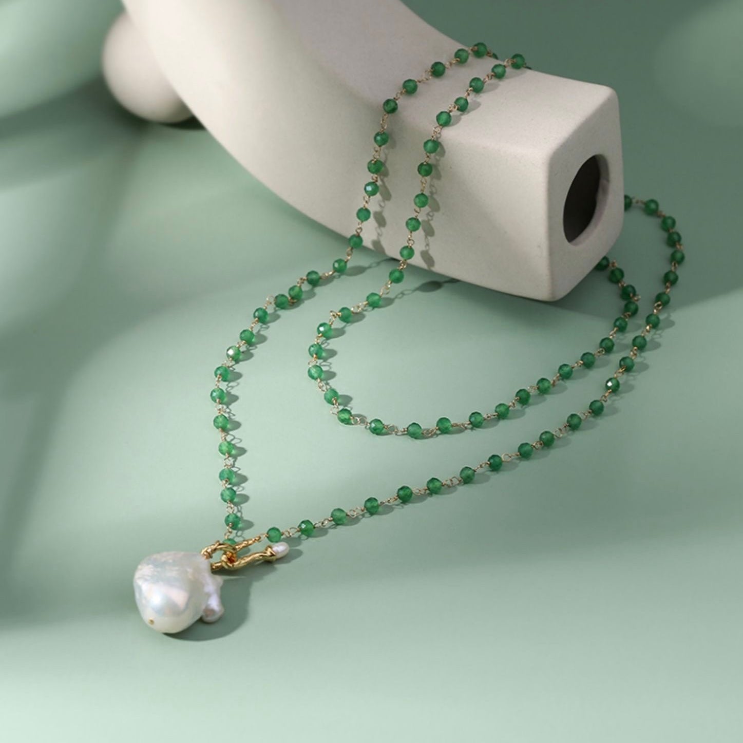Green Onyx Baroque Pearl Necklace Multilayer Long Sweater Chain - floysun