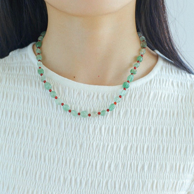 Green Strawberry Quartz and Red Onyx Beaded Necklace - floysun
