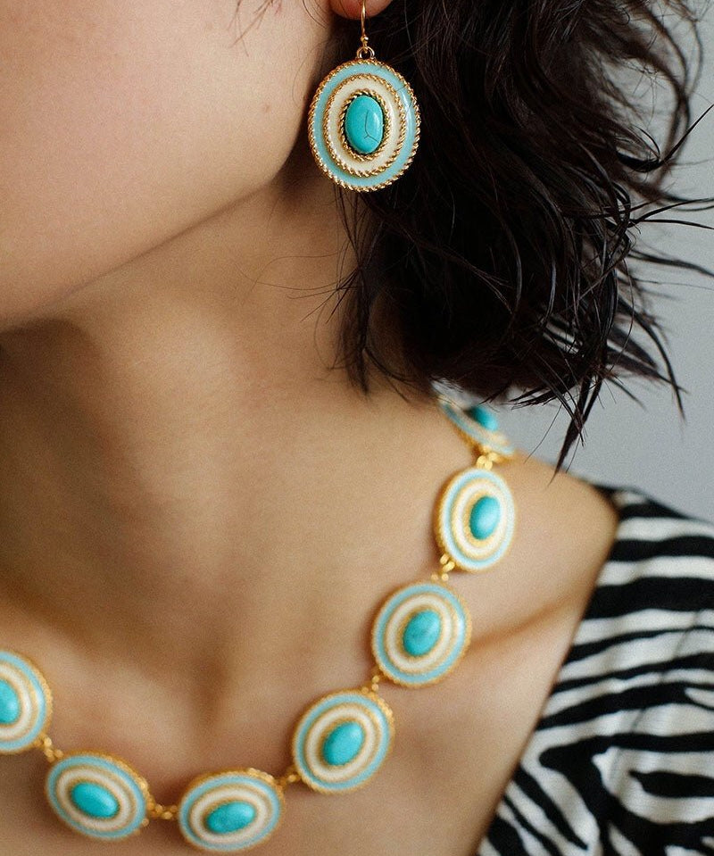Green Vintage Blue - White Enamel Turquoise Earrings - floysun