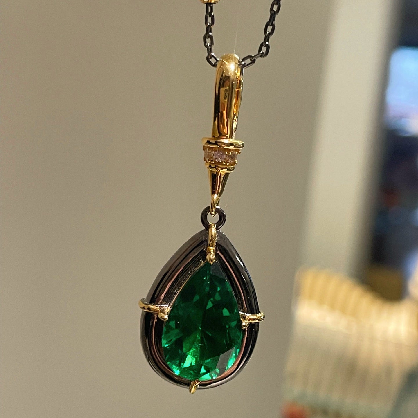 Gunmetal Emerald Teardrop Pendant Necklace - floysun
