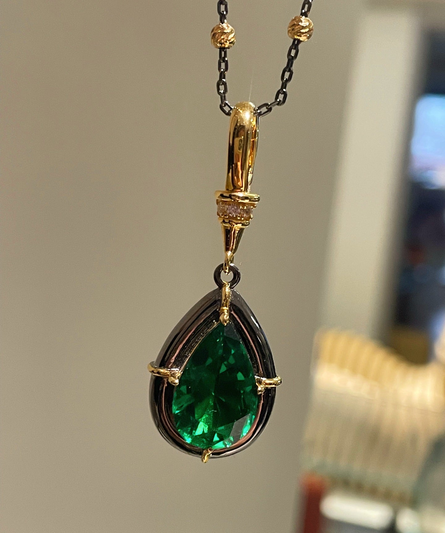 Gunmetal Emerald Teardrop Pendant Necklace - floysun