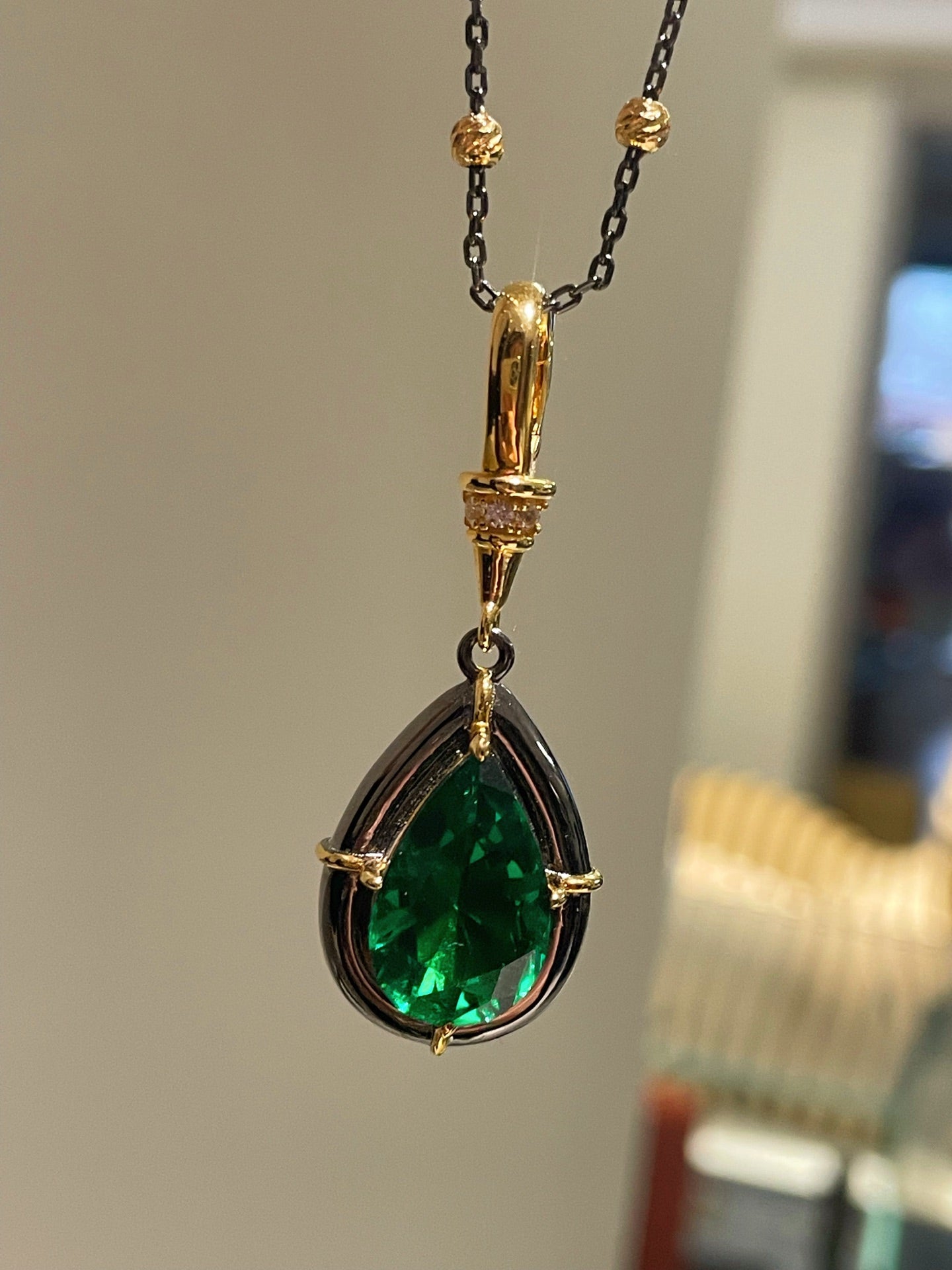 Gunmetal Emerald Teardrop Pendant Necklace - floysun