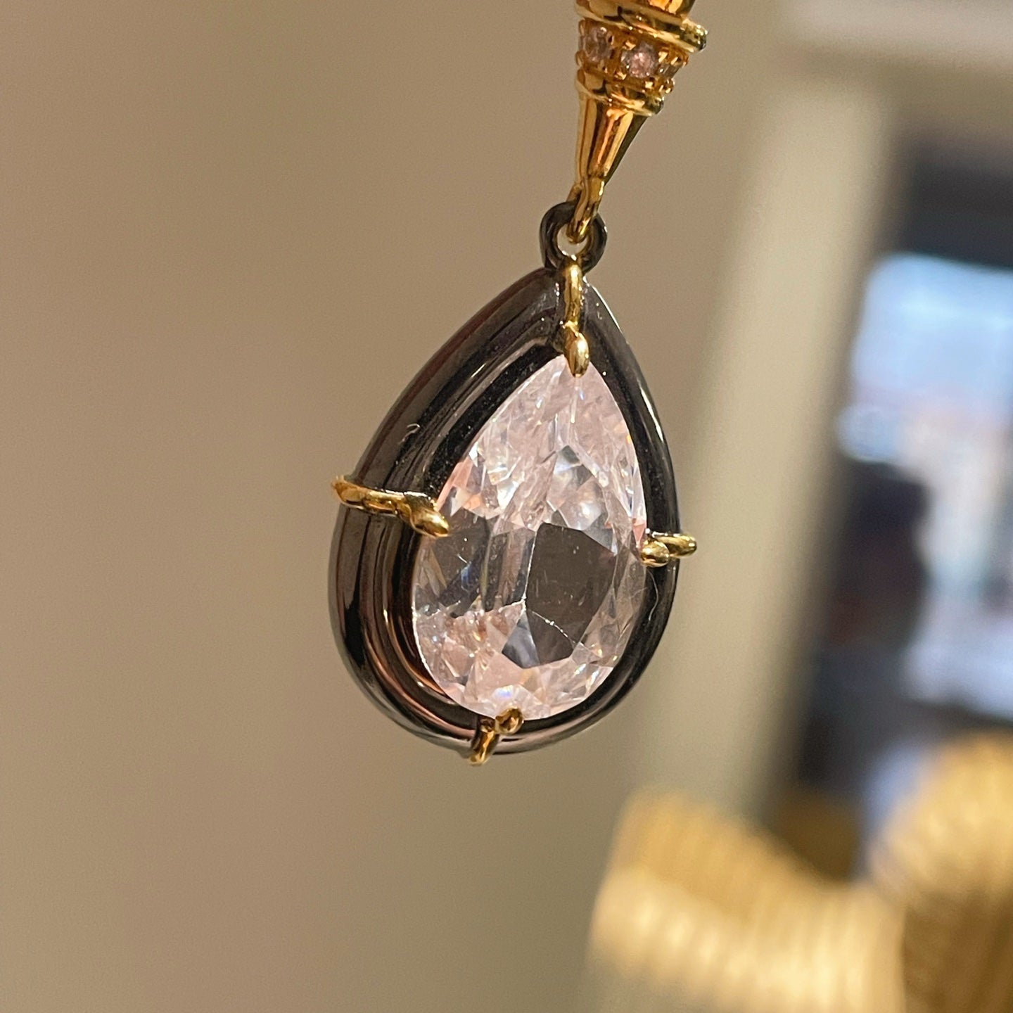 Gunmetal Teardrop Diamond Pendant Necklace – Two - Tone Black Gold Bead Chain - floysun