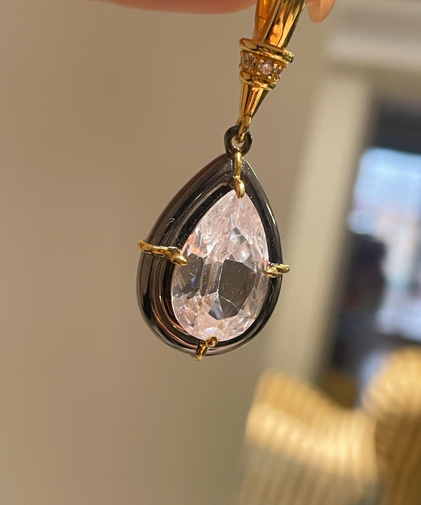 Gunmetal Teardrop Diamond Pendant Necklace – Two - Tone Black Gold Bead Chain - floysun