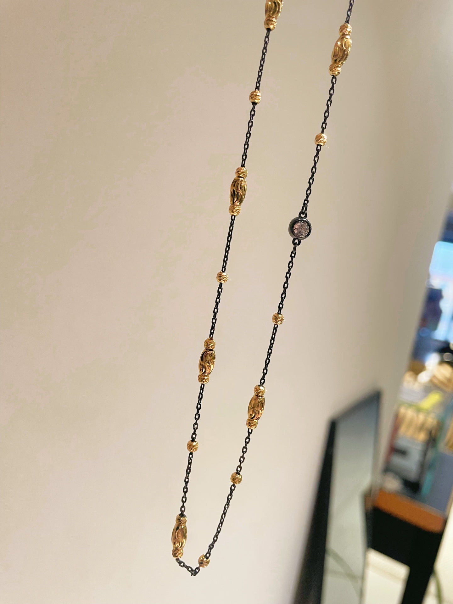 Gunmetal Teardrop Diamond Pendant Necklace – Two - Tone Black Gold Bead Chain - floysun