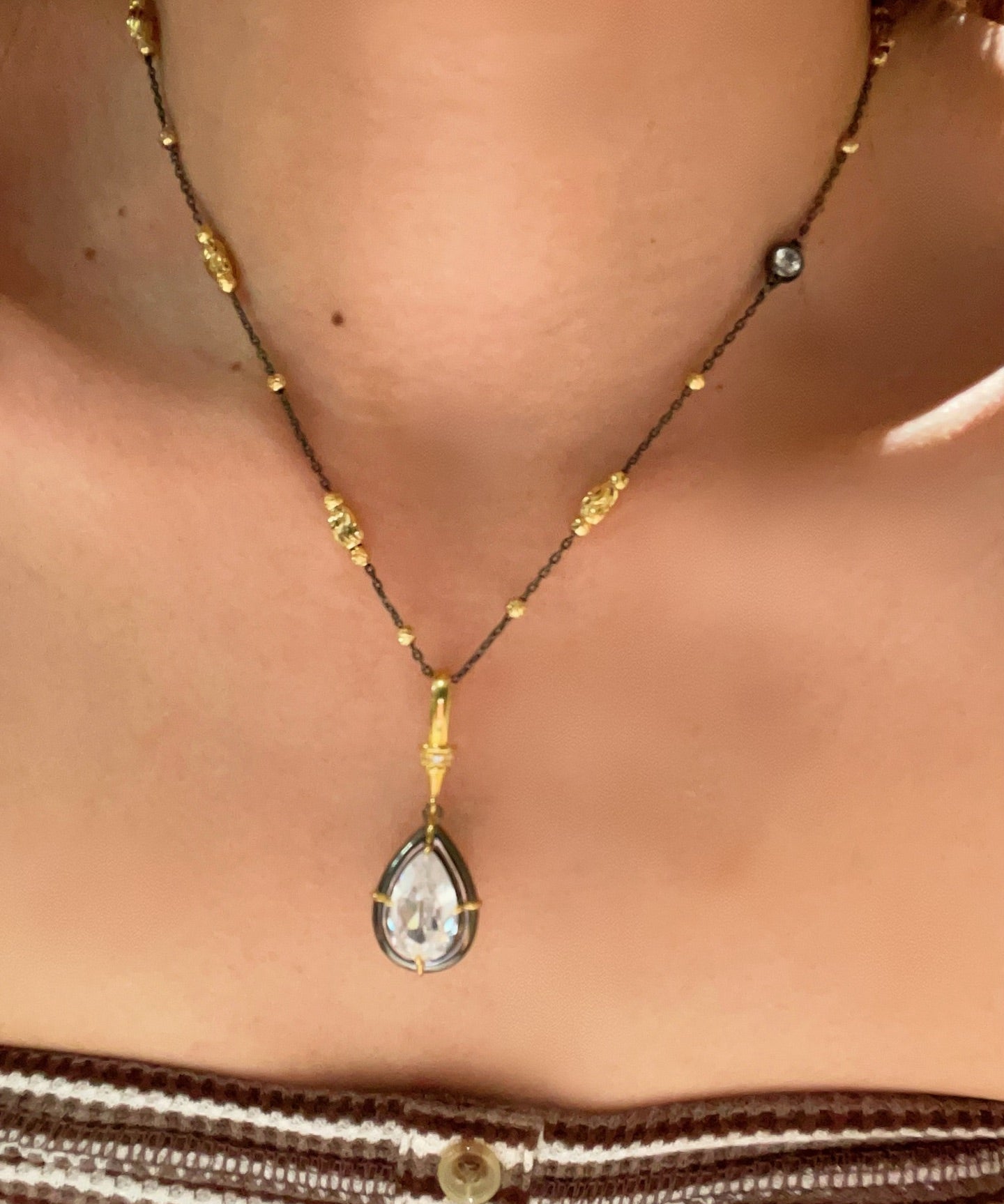 Gunmetal Teardrop Diamond Pendant Necklace – Two - Tone Black Gold Bead Chain - floysun