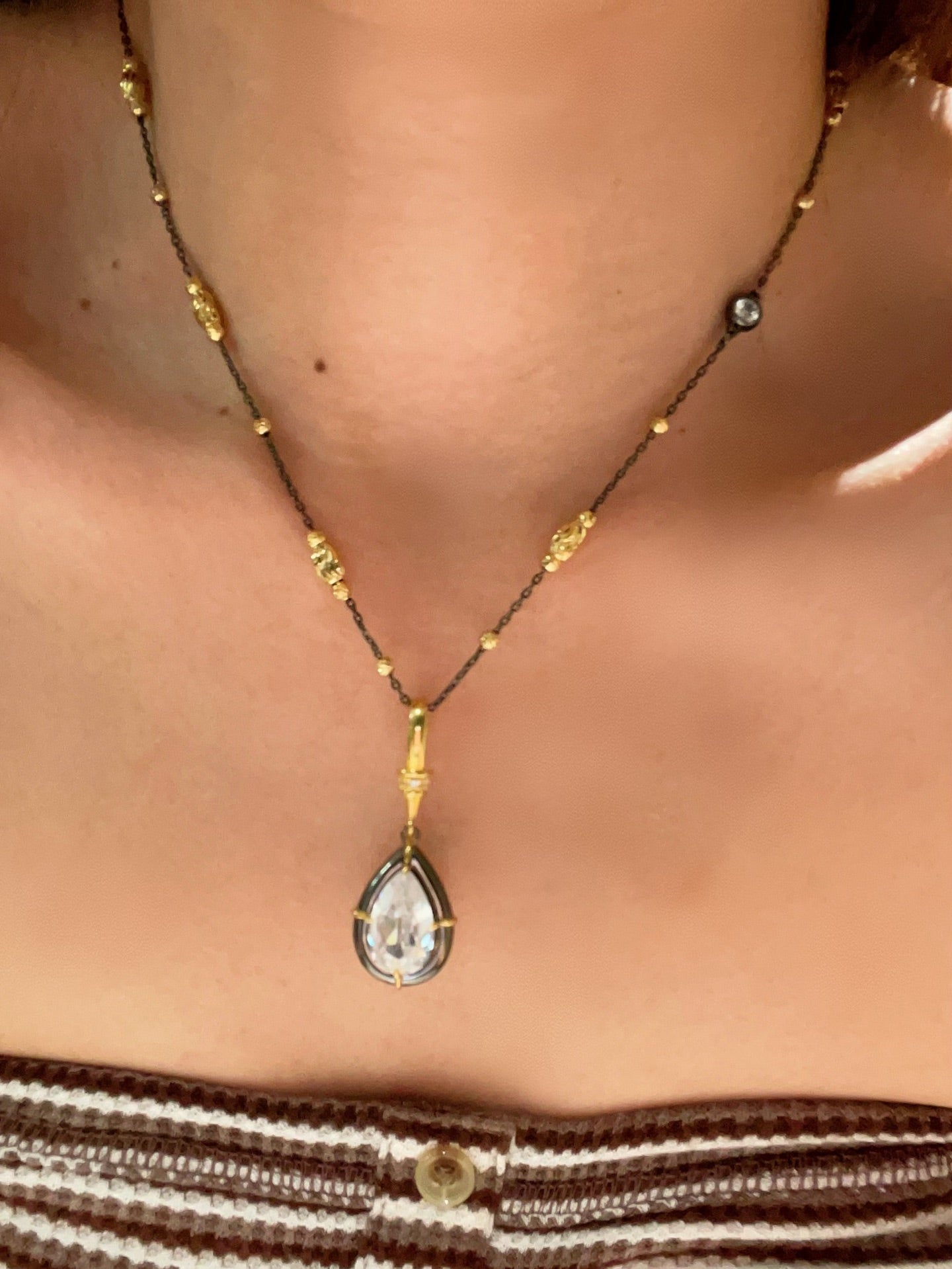 Gunmetal Teardrop Diamond Pendant Necklace – Two - Tone Black Gold Bead Chain - floysun