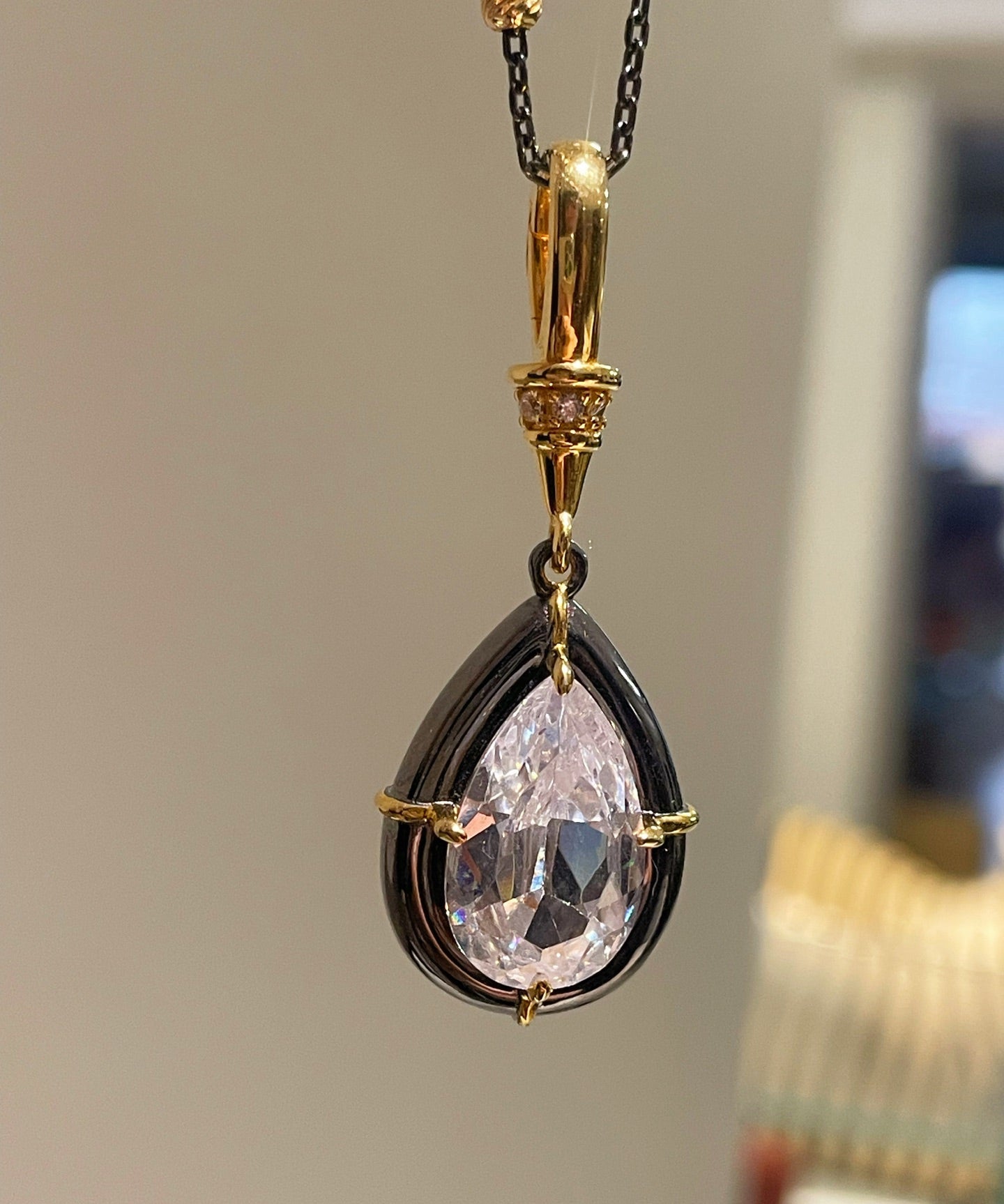 Gunmetal Teardrop Diamond Pendant Necklace – Two - Tone Black Gold Bead Chain - floysun