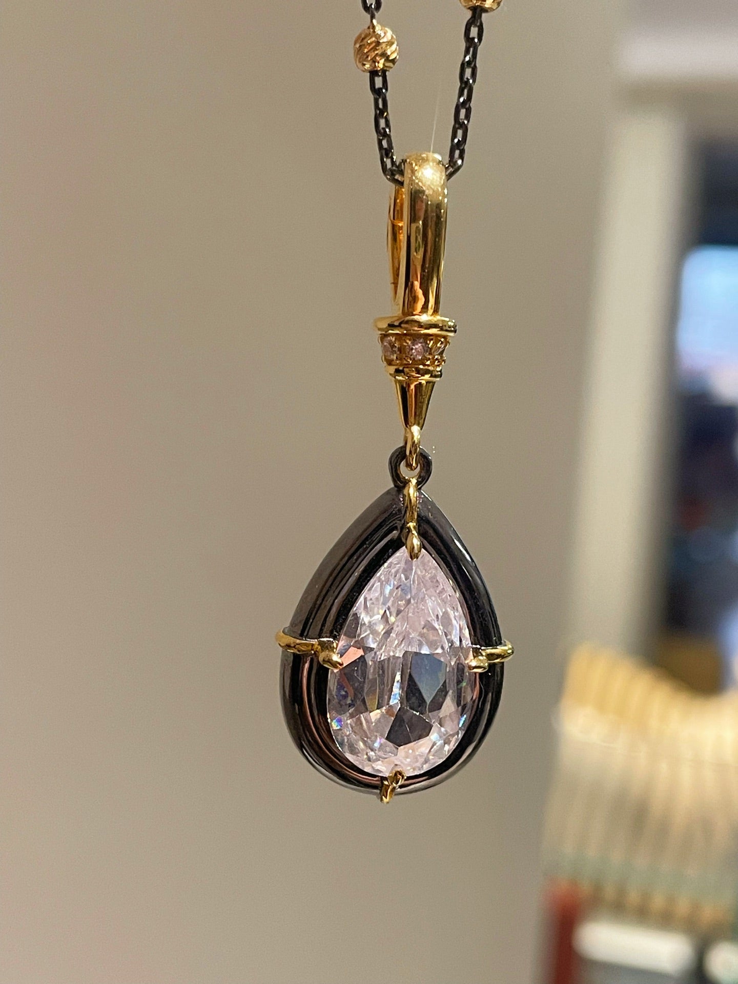 Gunmetal Teardrop Diamond Pendant Necklace – Two - Tone Black Gold Bead Chain - floysun