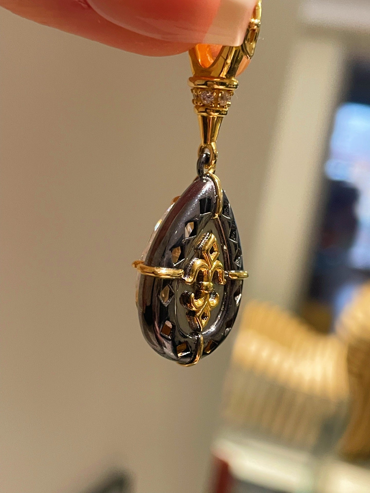 Gunmetal Teardrop Diamond Pendant Necklace – Two - Tone Black Gold Bead Chain - floysun