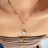 Gunmetal Teardrop Diamond Pendant Necklace – Two - Tone Black Gold Bead Chain - floysun