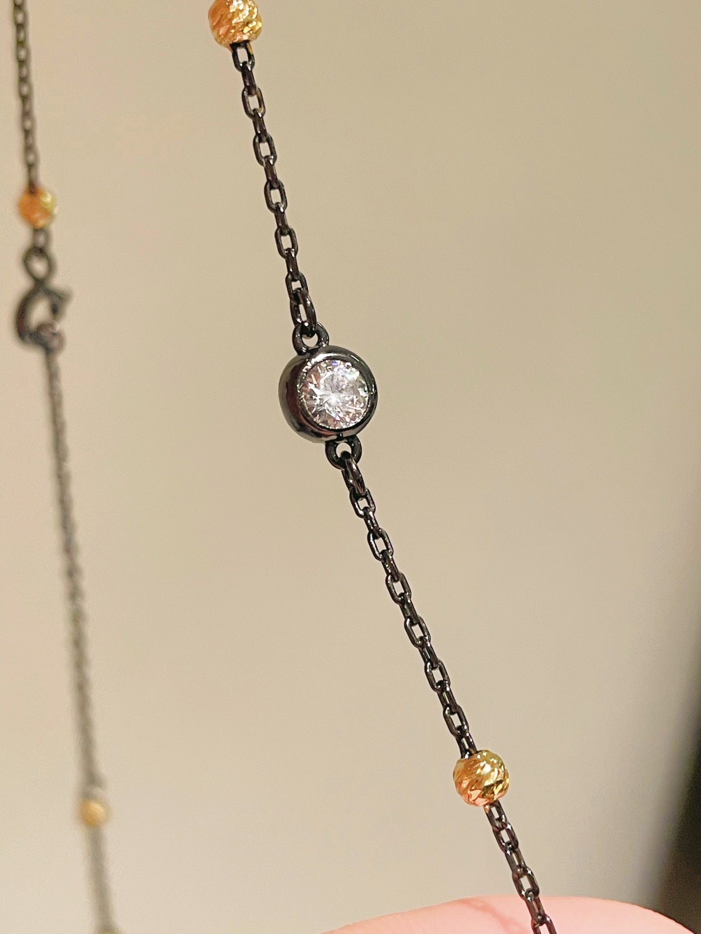 Gunmetal Teardrop Diamond Pendant Necklace – Two - Tone Black Gold Bead Chain - floysun