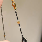 Gunmetal Teardrop Diamond Pendant Necklace – Two - Tone Black Gold Bead Chain - floysun