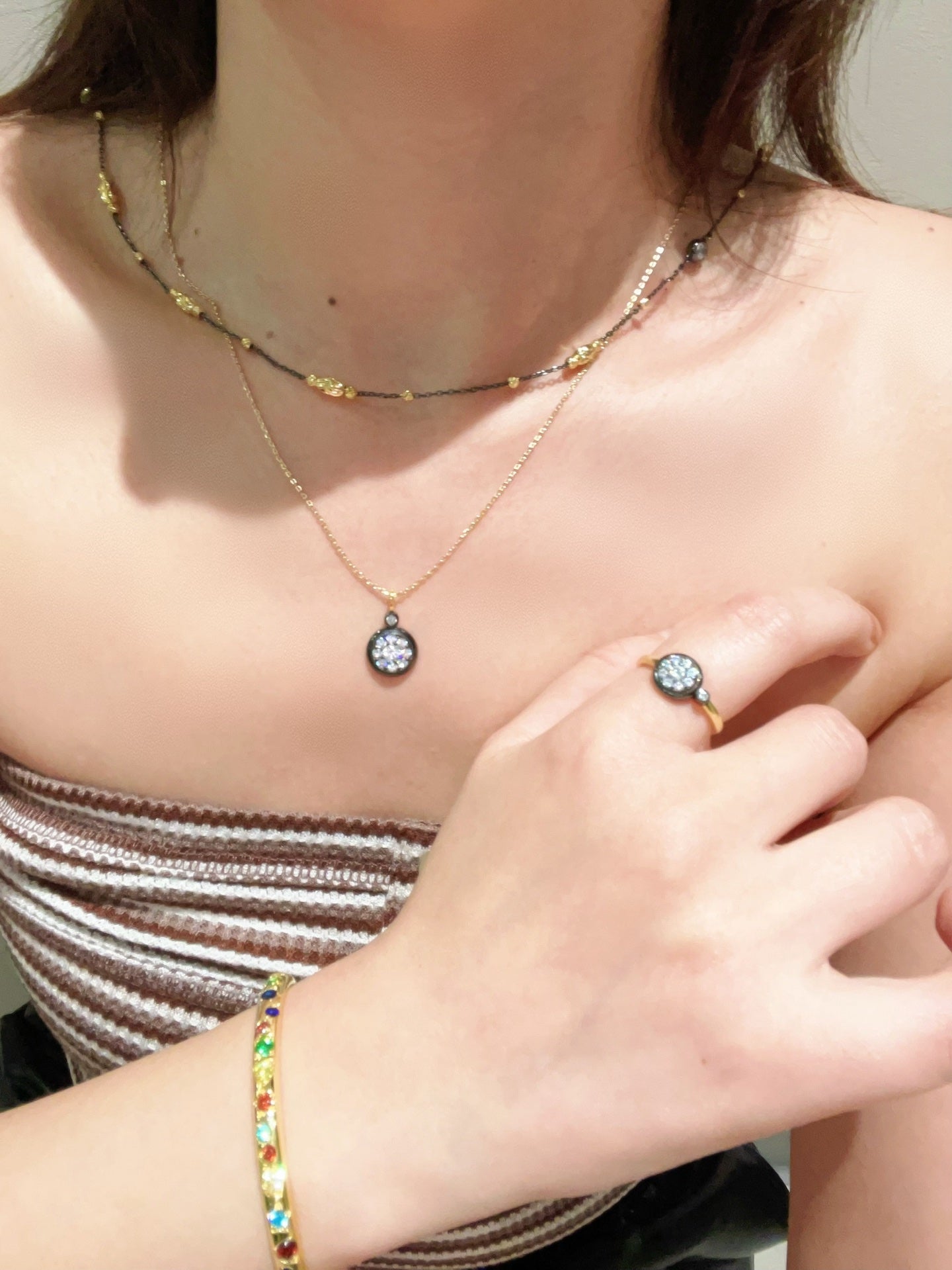 Gunmetal Teardrop Diamond Pendant Necklace – Two - Tone Black Gold Bead Chain - floysun