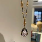 Gunmetal Teardrop Diamond Pendant Necklace – Two - Tone Black Gold Bead Chain - floysun