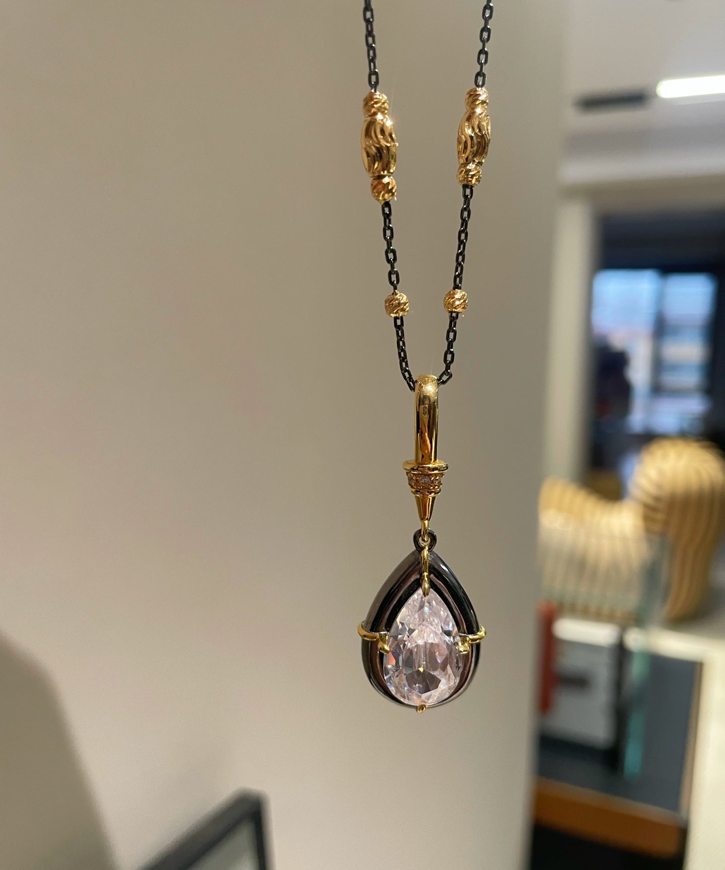 Gunmetal Teardrop Diamond Pendant Necklace – Two - Tone Black Gold Bead Chain - floysun