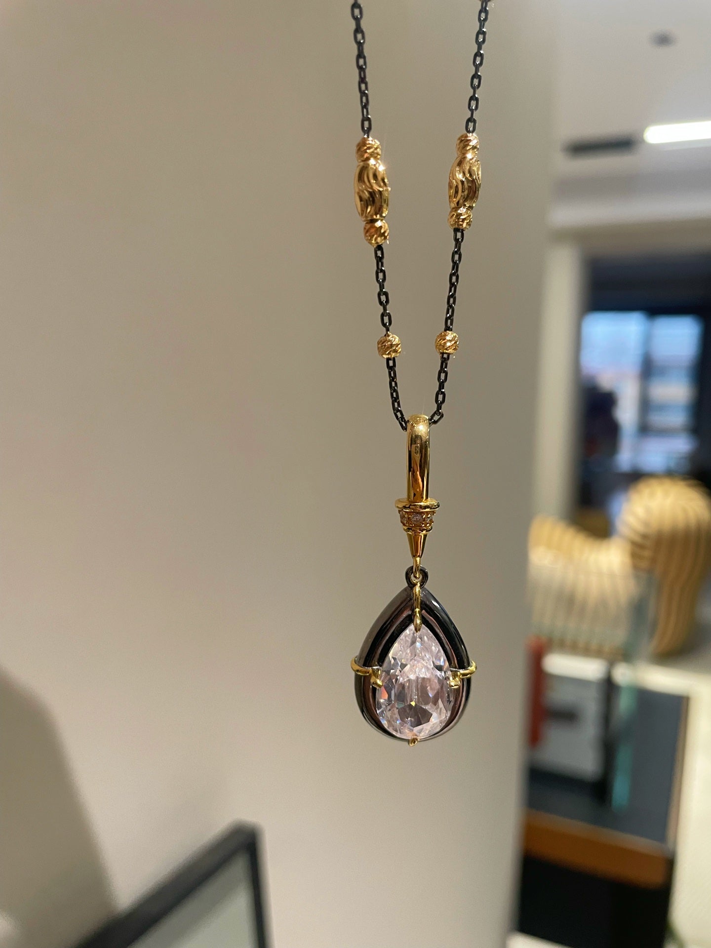 Gunmetal Teardrop Diamond Pendant Necklace – Two - Tone Black Gold Bead Chain - floysun