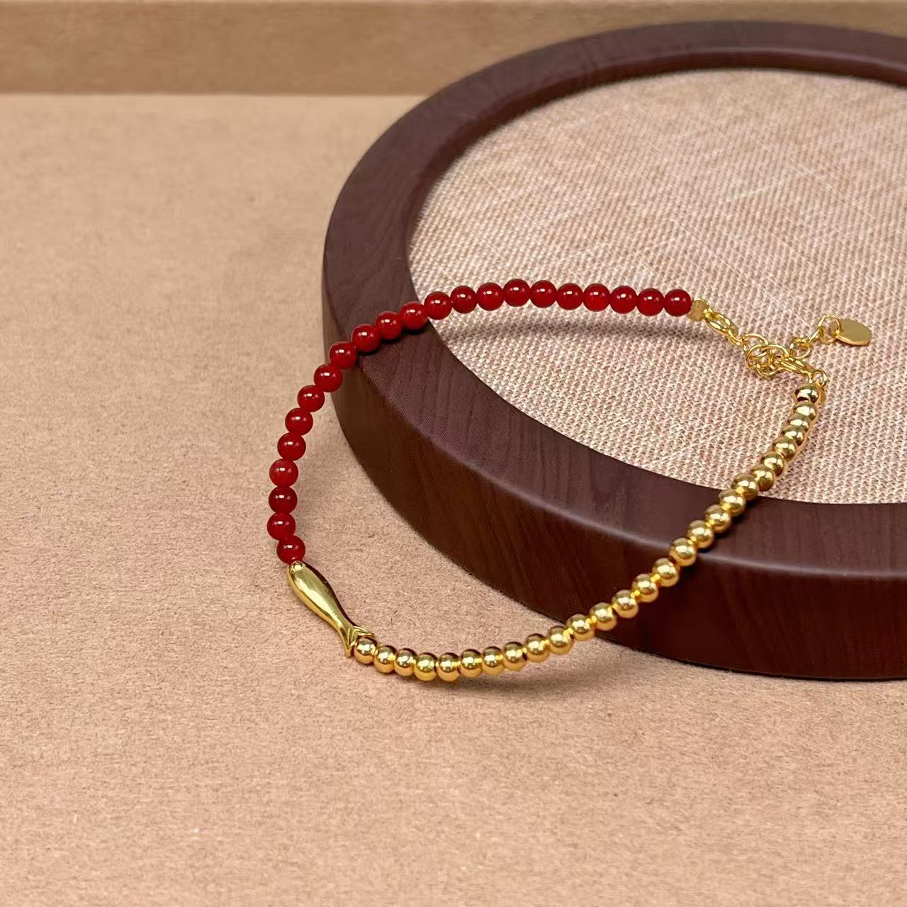 Half Gold Beads & Red Agate Fish Bracelet - floysun
