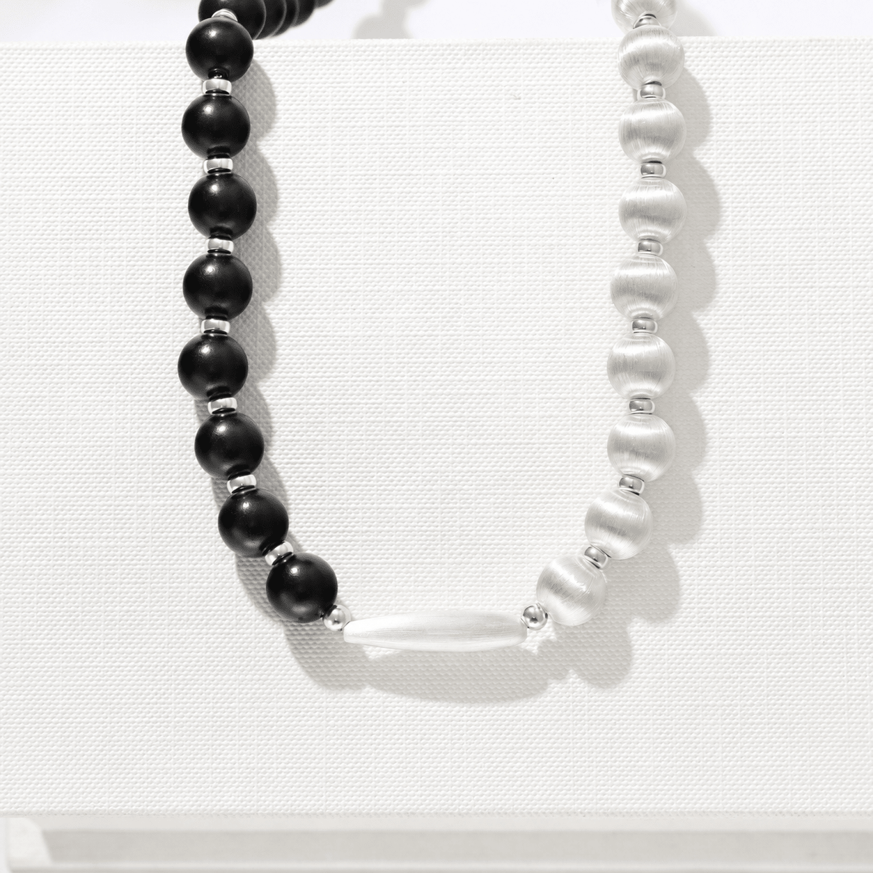 Half & Half Black Ebony Wood and Brushed Sterling Silver Necklace - floysun