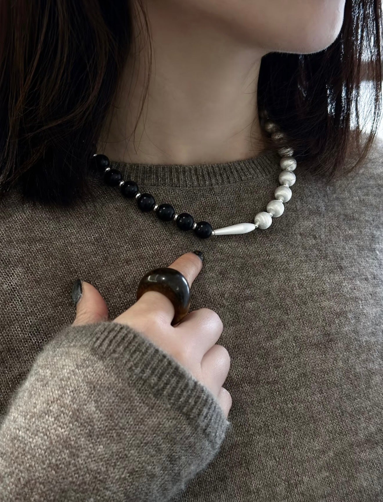 Half & Half Black Ebony Wood and Brushed Sterling Silver Necklace - floysun