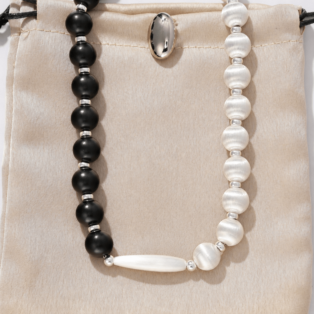 Half & Half Black Ebony Wood and Brushed Sterling Silver Necklace - floysun