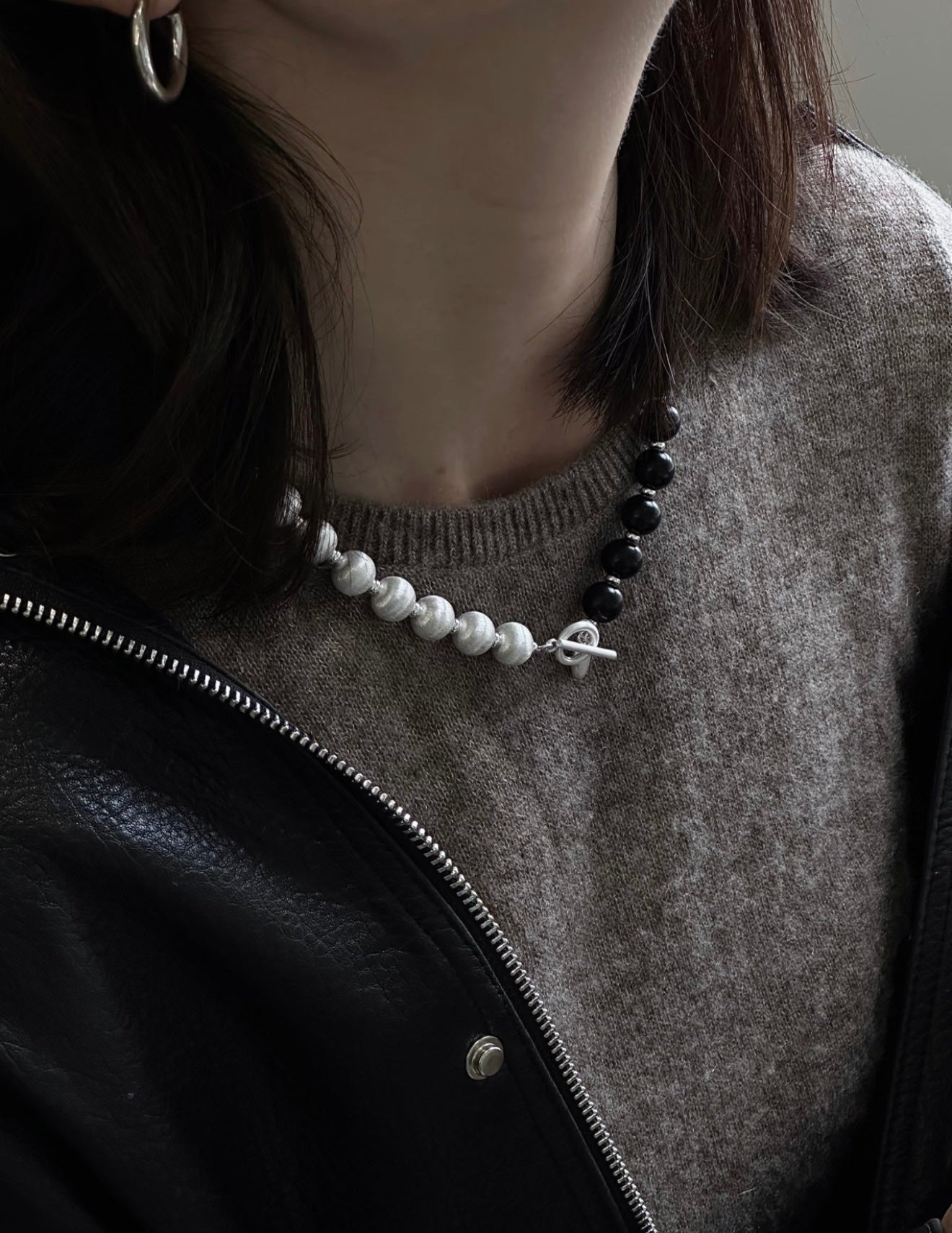 Half & Half Black Ebony Wood and Brushed Sterling Silver Necklace - floysun