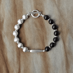 Half & Half Black Ebony Wood & Brushed Sterling Silver Beaded Bracelet - floysun