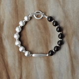 Half & Half Black Ebony Wood & Brushed Sterling Silver Beaded Bracelet - floysun