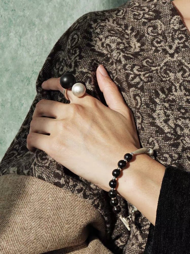 Half & Half Black Ebony Wood & Brushed Sterling Silver Beaded Bracelet - floysun