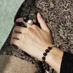 Half & Half Black Ebony Wood & Brushed Sterling Silver Beaded Bracelet - floysun