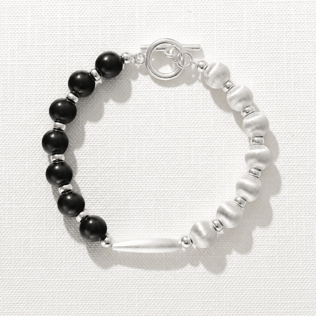 Half & Half Black Ebony Wood & Brushed Sterling Silver Beaded Bracelet - floysun