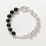 Half & Half Black Ebony Wood & Brushed Sterling Silver Beaded Bracelet - floysun