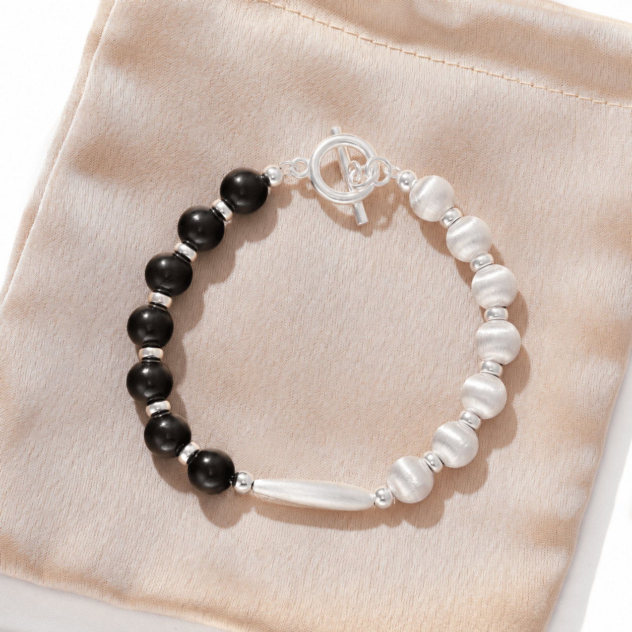 Half & Half Black Ebony Wood & Brushed Sterling Silver Beaded Bracelet - floysun