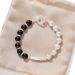 Half & Half Black Ebony Wood & Brushed Sterling Silver Beaded Bracelet - floysun