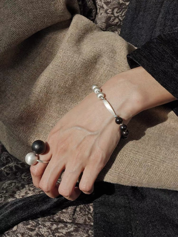 Half & Half Black Ebony Wood & Brushed Sterling Silver Beaded Bracelet - floysun