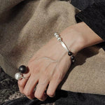 Half & Half Black Ebony Wood & Brushed Sterling Silver Beaded Bracelet - floysun