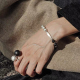 Half & Half Black Ebony Wood & Brushed Sterling Silver Beaded Bracelet - floysun