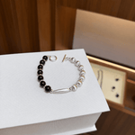 Half & Half Black Ebony Wood & Brushed Sterling Silver Beaded Bracelet - floysun